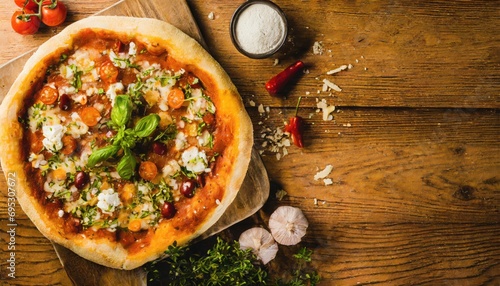 Copy Space image of Pizza Margherita on wooden background, Pizza Margarita with Tomatoes,