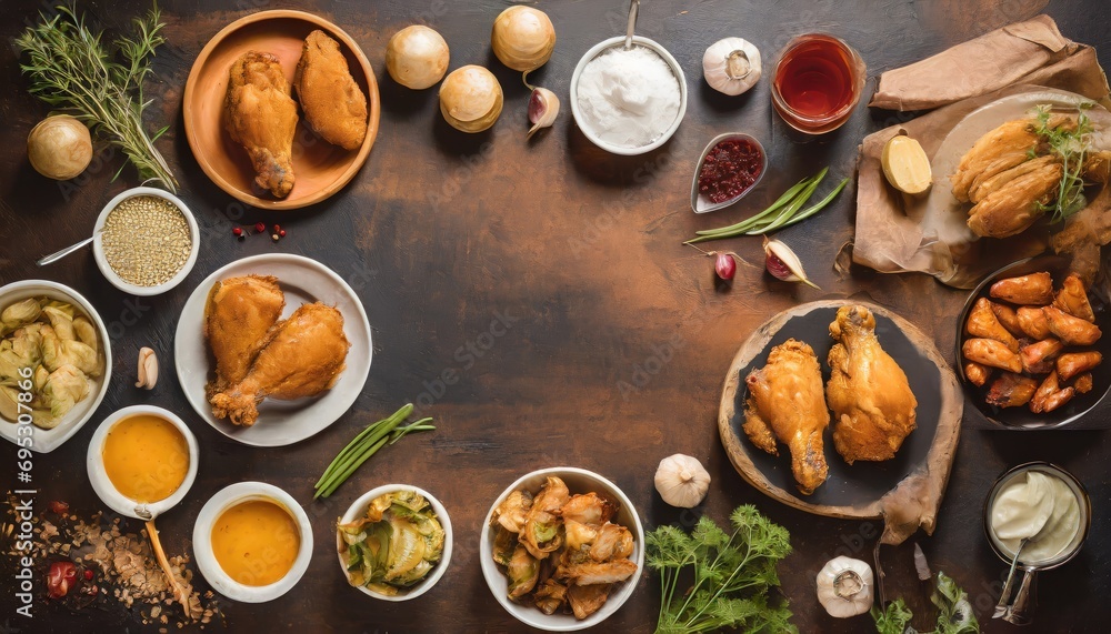 Copy Space image of Breaded chicken drumstick, leg, wing and breast tenders strips. Dark Wooden background.