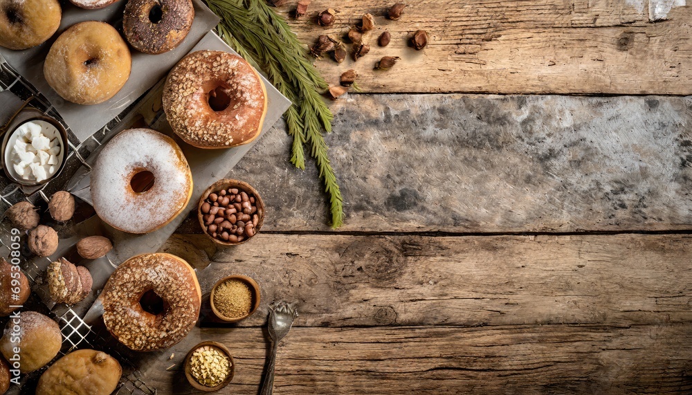 Copy Space image of Variety of donuts over a rustic background shot from overhead Copy Space image of Variety of donuts over a rustic background shot from overhead