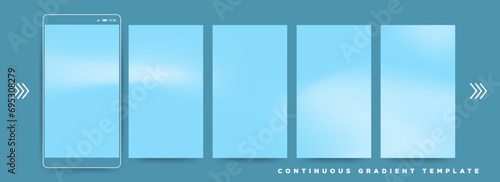 Baby Blue Gradient Social Media Story Template. Continuous 9:16 ration poster Vector Template. Five gradient backdrops. Perfect for designs, feeds, social media, web, banners. Vector.
