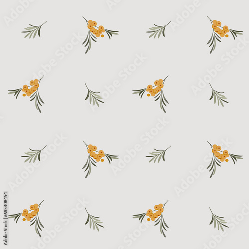 Vector seamless pattern with ripe sea buckthorn branches. Berries and leaves wallpaper. Healthy naturals food.