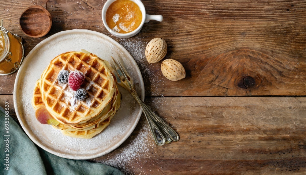Copy Space image of Freshly made belgian waffles with honey flows and powdered sugar. Copy Space image of Freshly made belgian waffles with honey flows and powdered sugar.