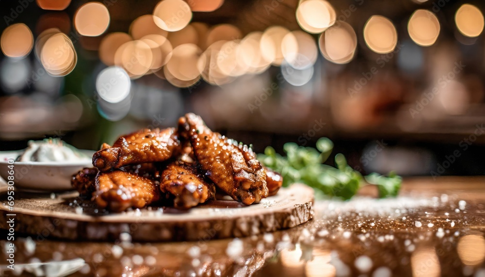 Copy Space image of Grilled chicken wings with sauces on a wooden board. Traditional baked bbq buffalo wing on bokeh background.