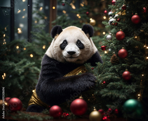 A happy panda hugging a Christmas tree in space photo