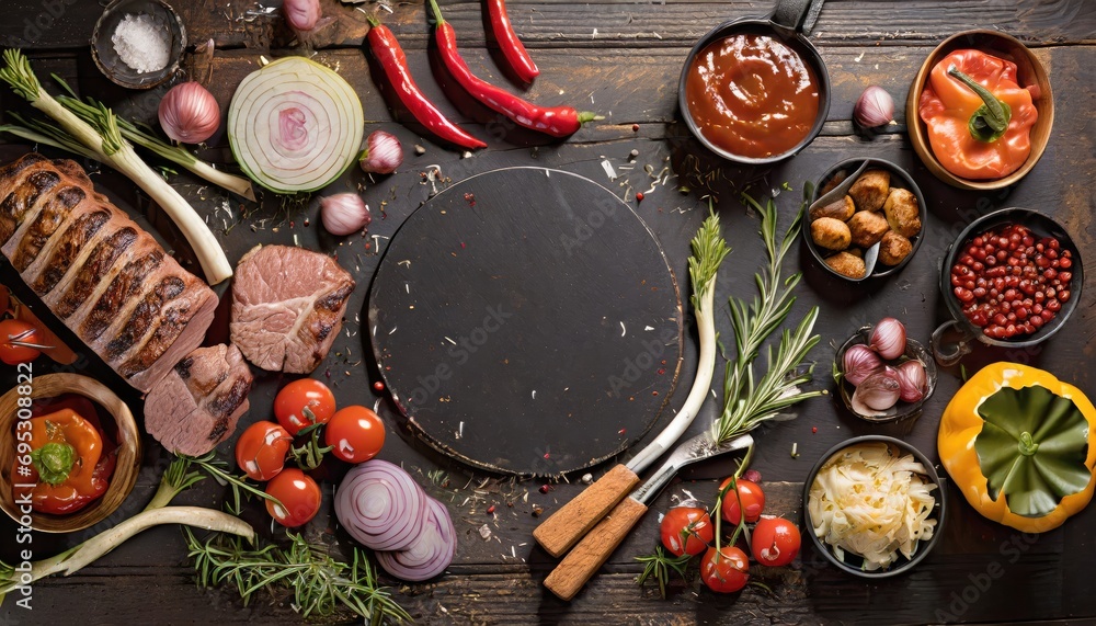 Barbecue menu. Grilled meat and vegetables on rustic wooden table Barbecue menu. Grilled meat and vegetables on rustic wooden table