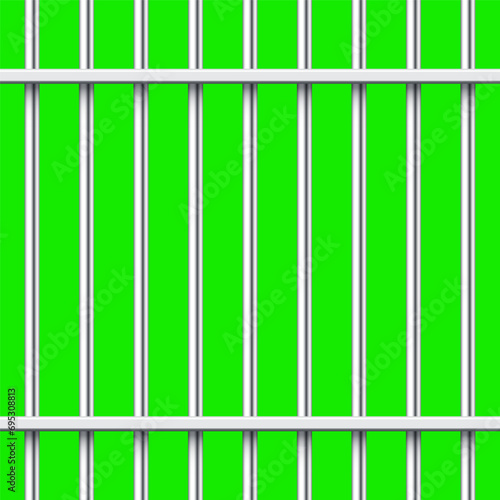 Shiny metal prison bars isolated on green chroma key. Detailed jail cage, prison iron fence. Criminal background mockup. Vector illustration