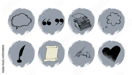 Writer, Poem, Books ,Scrapbook, Busines Highlights for Social Media. Vector illustration