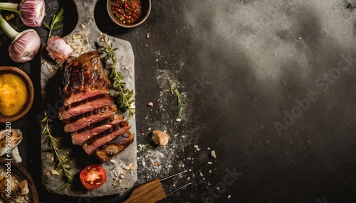 BBQ Grilled rib eye steak, fried rib eye beef meat on a plate with green salad. Dark background. photo
