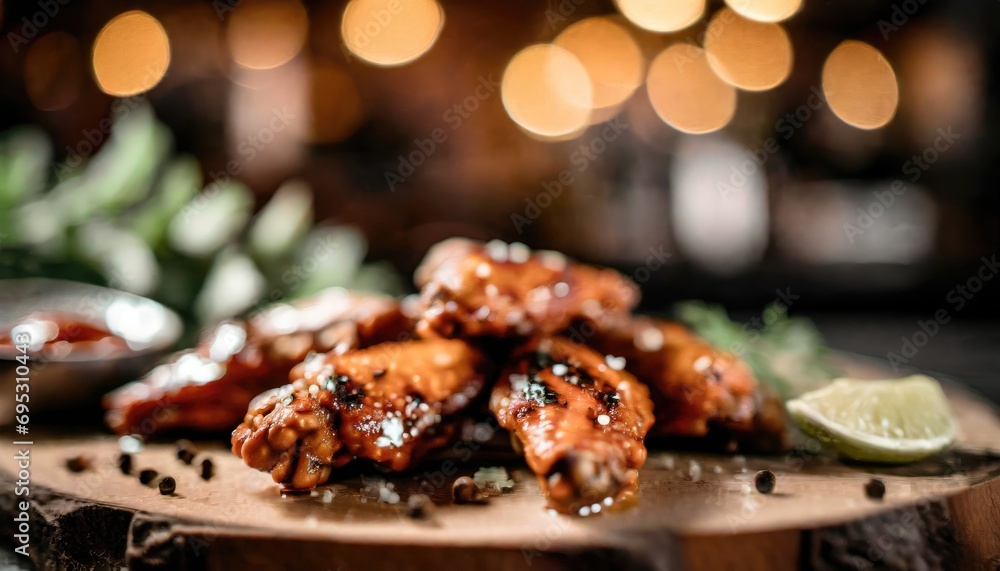Copy Space image of Grilled chicken wings with sauces on a wooden board. Traditional baked bbq buffalo wing on bokeh background. Copy Space image of Grilled chicken wings with sauces on a wooden board. Traditional baked bbq buffalo wing on bokeh background.