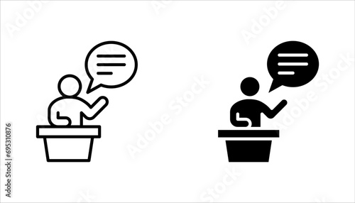 Man behind the podium speaks into a microphone, linear icon set. vector illustration on white background