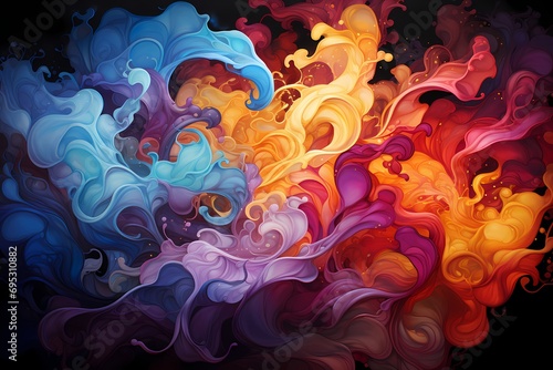 A vibrant blend of cascading liquid colors, swirling and intertwining with each other in a mesmerizing dance