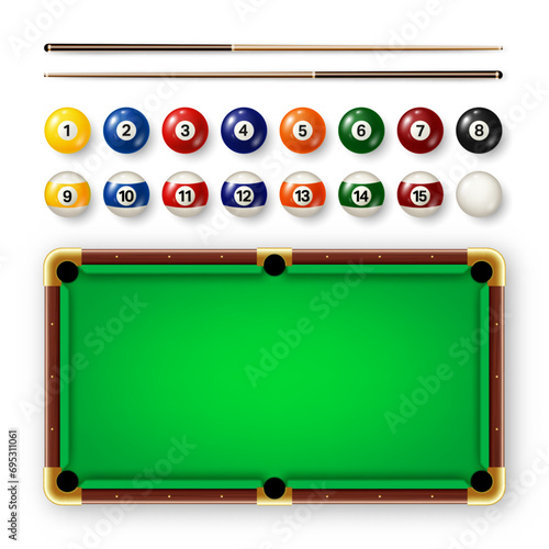 Billiard balls with numbers, various cues and green pool table. Glossy snooker ball. Sports equipment, recreation and hobby, competitive game. Vector illustration