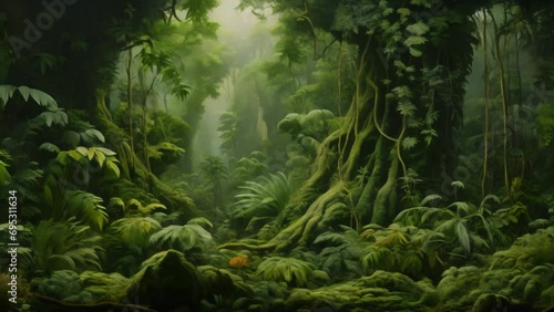 Prehistoric flora with ferns and scale trees on ancient landscape vegetation animation photo