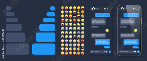 Smartphone messaging app, user interface with emoji. SMS text frame. Chat screen, blue message bubbles. Texting app for communication. Social media application. Dark mode. Vector illustration