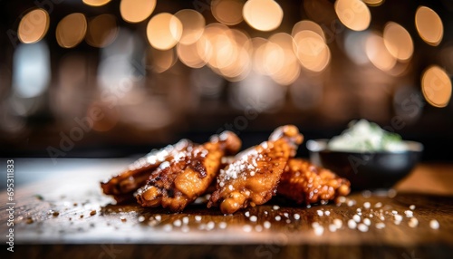 Copy Space image of Grilled chicken wings with sauces on a wooden board. Traditional baked bbq buffalo wing on bokeh background. photo