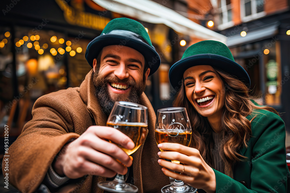 Happy couple toasting with beer on St. Patrick's Day Happy couple toasting with beer on St. Patrick's Day