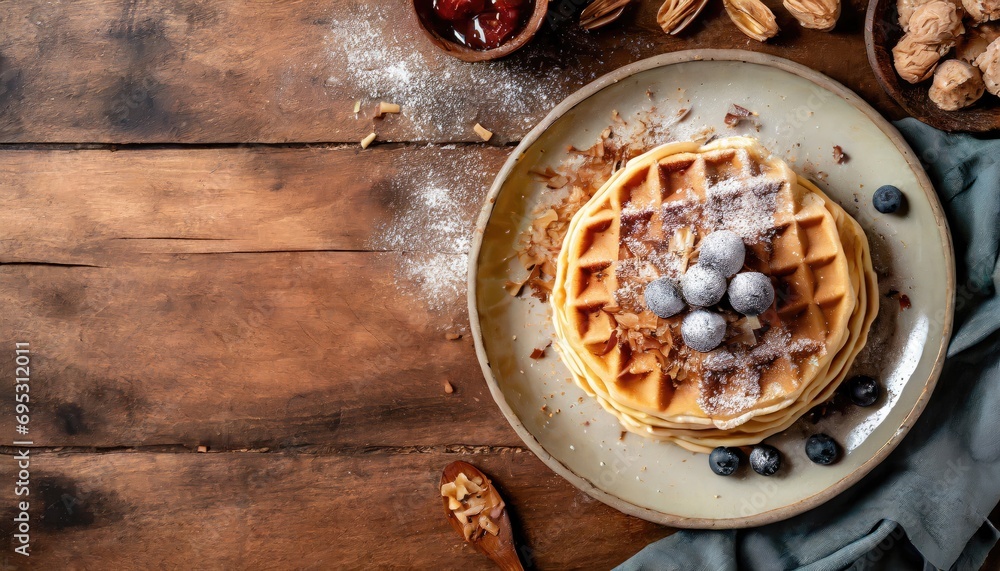 Copy Space image of Freshly made belgian waffles with honey flows and powdered sugar. - obrazy, fototapety, plakaty 