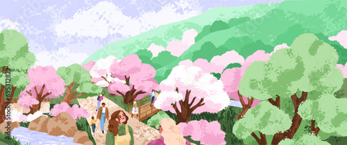 Spring nature, park. Cherry blossom, sakura trees, landscape panorama. Japan ...