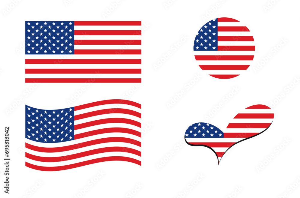 American flag. USA flag in heart shape. USA flag in circle shape. Country flag variations. American flag. USA flag in heart shape. USA flag in circle shape. Country flag variations.
