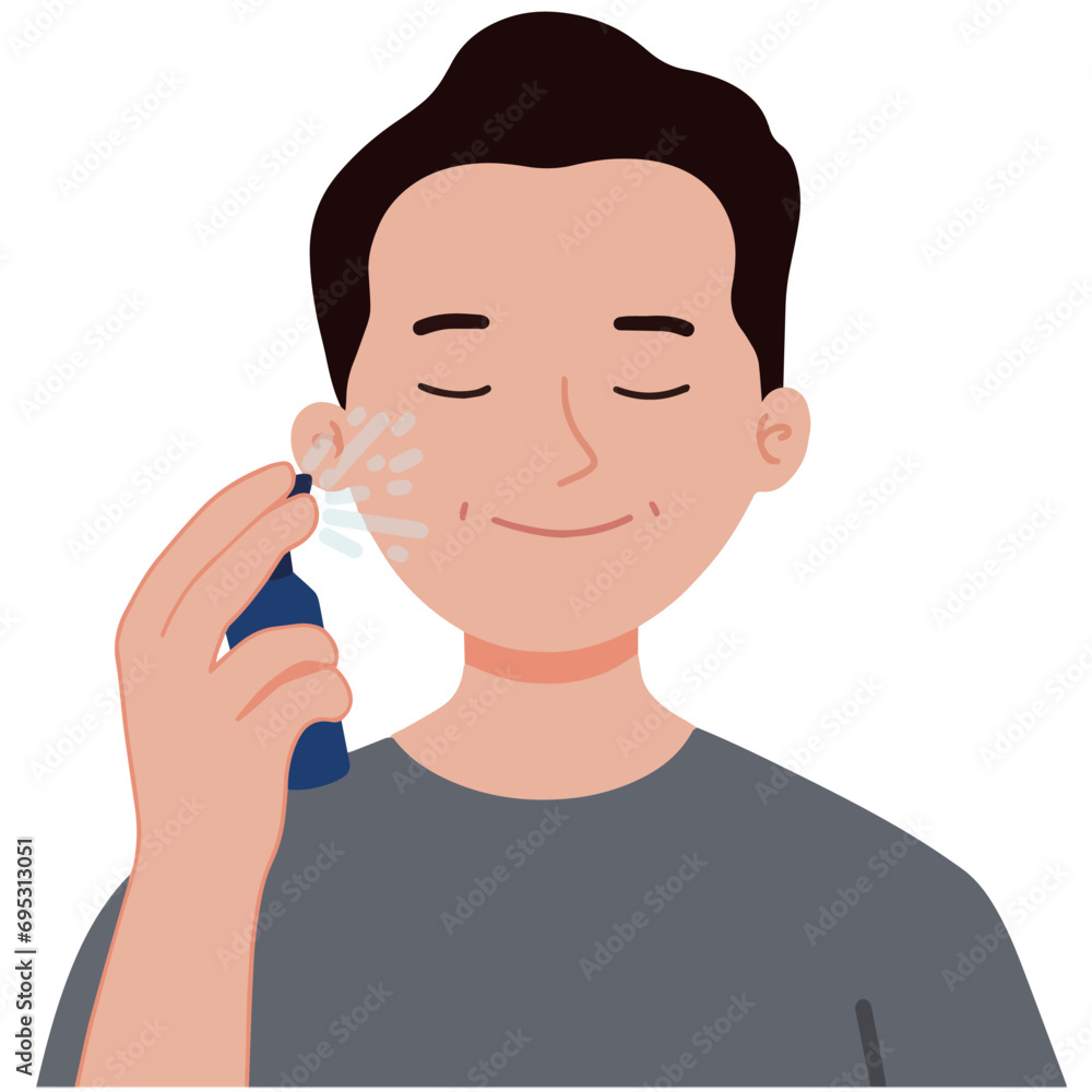 Vector of a man spraying face mist skincare illustration Vector of a man spraying face mist skincare illustration
