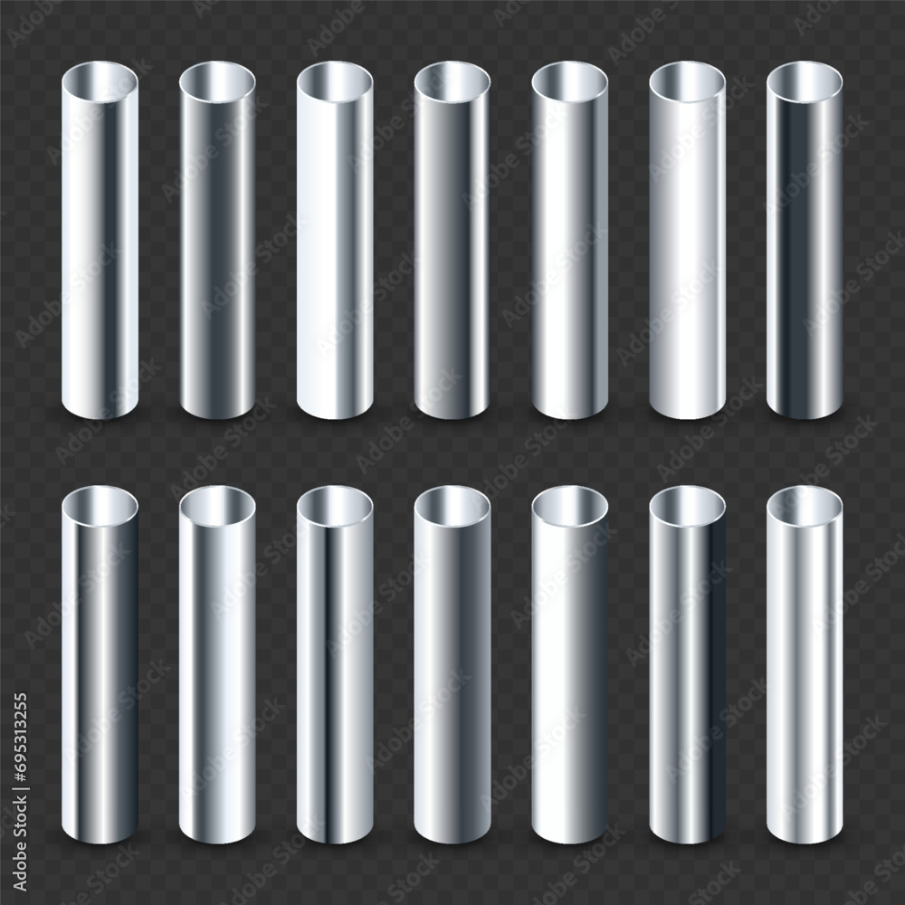 Steel pipes collection. Construction material, pipeline. Industry and engineering. Polished metal texture with silver gradient. Vector illustration Steel pipes collection. Construction material, pipeline. Industry and engineering. Polished metal texture with silver gradient. Vector illustration