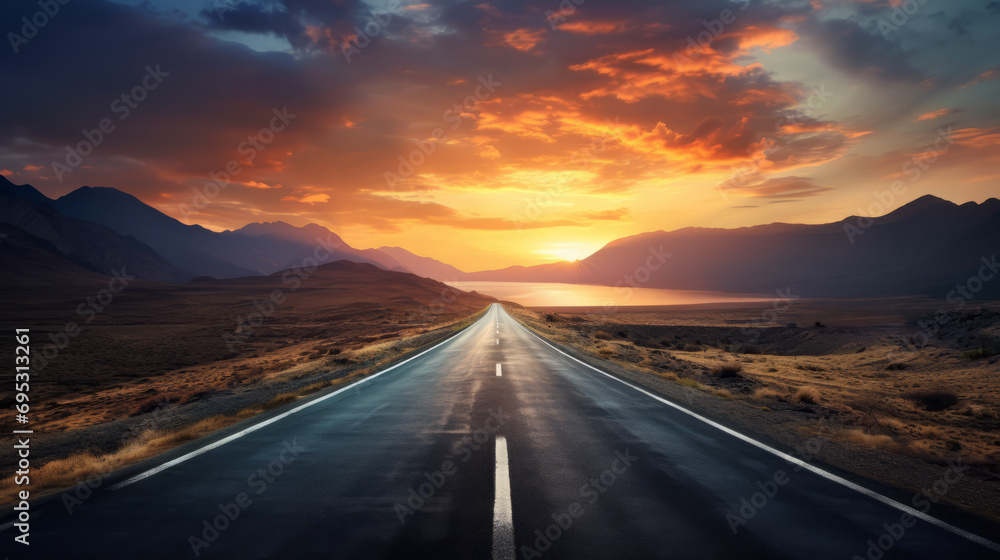 Wide landscape background with long endless asphalt road, sunset, lake and mountain. Travel nature concept.