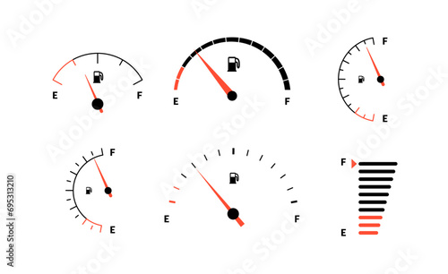 Fuel indicator meter or fuel gauge for petrol, gasoline, diesel level count. Control gas tank fullness. Set of fuel gauge scales icons. Car dial petrol gasoline dashboard. Vector illustration
