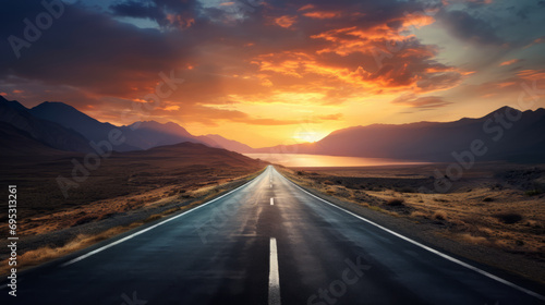 Wide landscape background with long endless asphalt road, sunset, lake and mountain. Travel nature concept. © eshana_blue