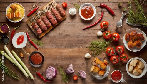 Barbecue menu. Grilled meat and vegetables on rustic wooden table
