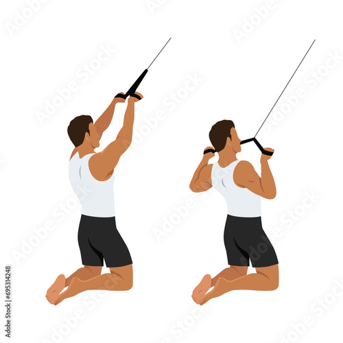 Man doing kneeling high pulley row. Flat vector illustration isolated on white background