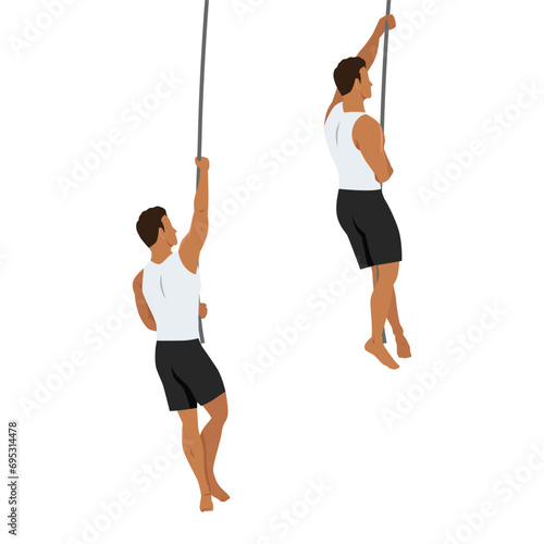 Man doing rope climb workout exercise. Flat vector illustration isolated on white background