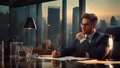 Businessman sitting and working in office in big city animation footage. Skyscrapers in the background photo