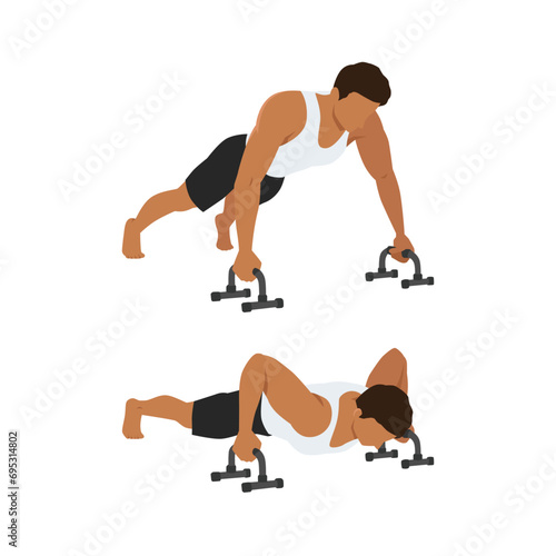 Man doing Push ups On Floor Bars exercise. Flat vector illustration isolated on white background