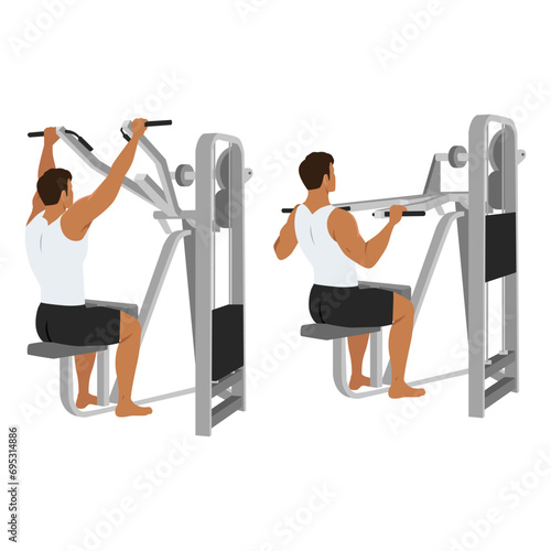 Man doing lever front pulldown, lat machine pull down. Flat vector illustration isolated on white background