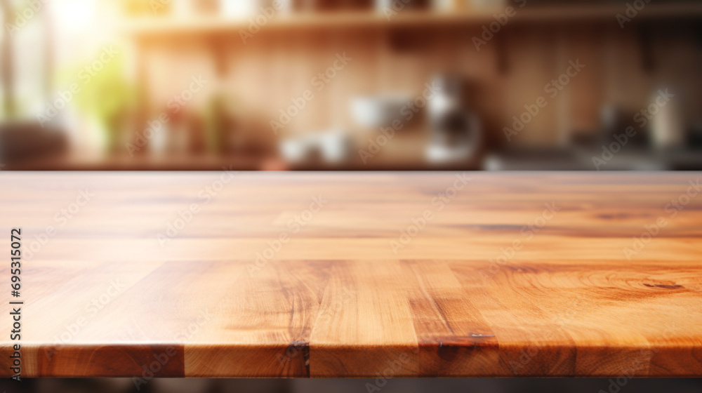 Wood table top on blurred kitchen background created with Generative Ai