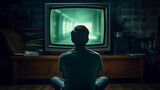 Young man sitting on the floor watching television