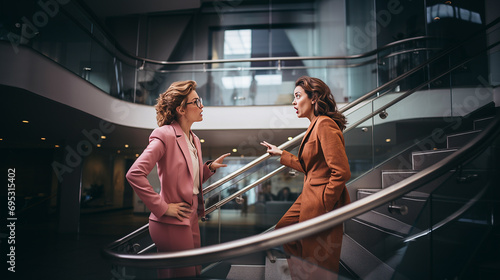 Two women arguing on the office stairs
