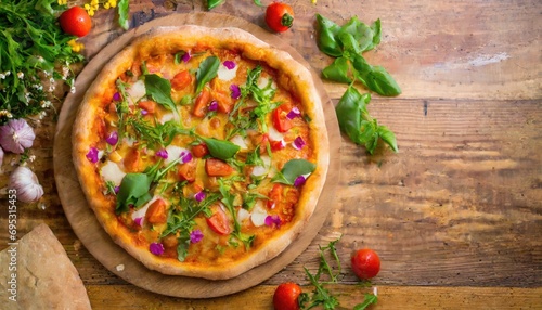 Copy Space image of Pizza Margherita on wooden background, landscape view background.