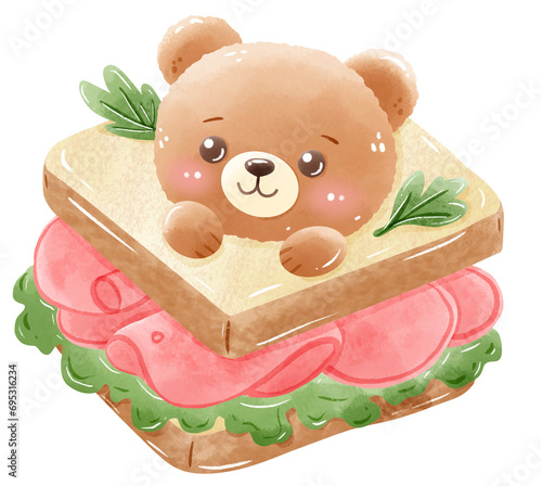 Watercolor hand drawn illustration of a bear  inside a ham sandwich with a lot of hams and lectuce stuffed in the sandwich photo