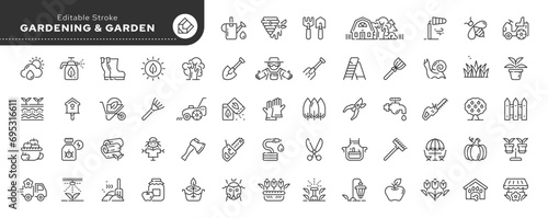 Set of line icons in linear style. Series - Gardening and garden. Growing plants and gardening tools. Outline icon collection. Conceptual pictogram and infographic. Editable stroke.