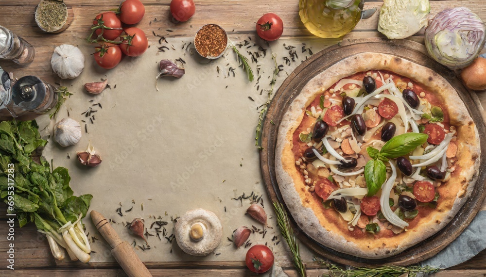 Copy Space image of Delicious pizza margarita with mozzarella on dark wooden Copy Space image of Delicious pizza margarita with mozzarella on dark wooden