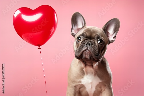 cute French bulldog with a red heart shaped foil balloon on a pastel pink background for Valentines Day