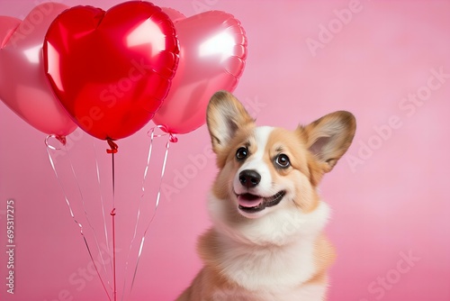 cute corgi dog with a red heart shaped foil balloon on a pastel pink background for Valentines Day