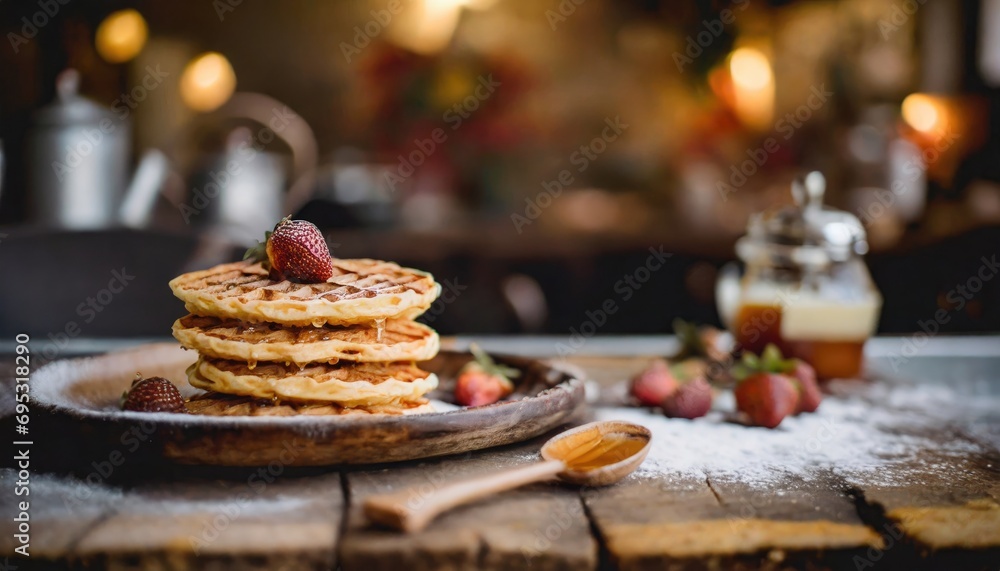 Copy Space image of  Delicious viennese waffles with maple syrup drizzle and blackberry on dark brown wood background.