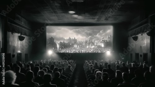 Black and white movie theater with a crowd watching an old noir movie with retro projector lights zooming out animation