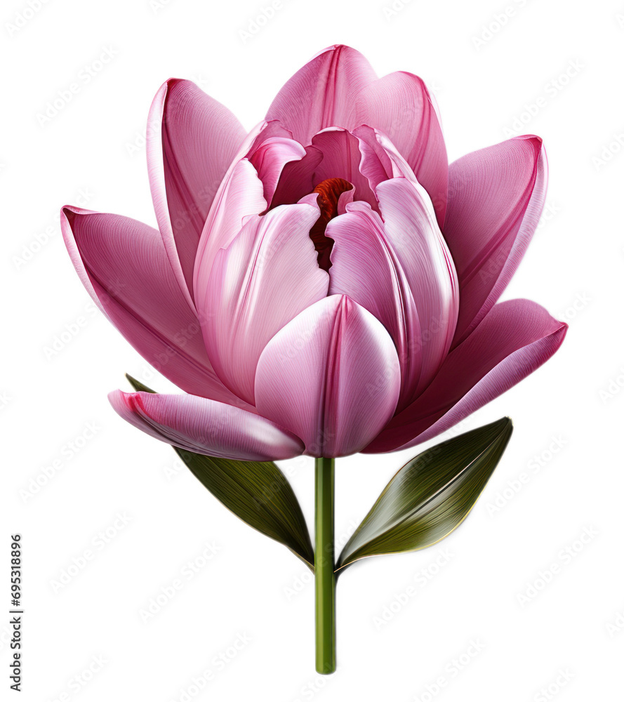Pink Tulip flower plant with leaves cutout on transparent background. Valentine's day-wedding. advertisement. product presentation. banner, poster, card, t shirt, sticker.