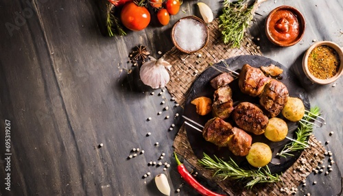 BBQ Grilled rib eye steak, fried rib eye beef meat on a plate with green salad. Dark background.