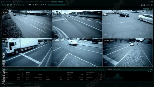 CCTV Traffic Speeding Security Camera. Road Safety Supervision Technology in the Middle of Busy Urban City Area with Intense Car Driving. Software Interface of Monitoring Speed Limit and Road Safety photo