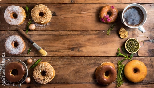 Copy Space image of Multi colored assortment of donuts with sprinkles and frosting on dark black wooden