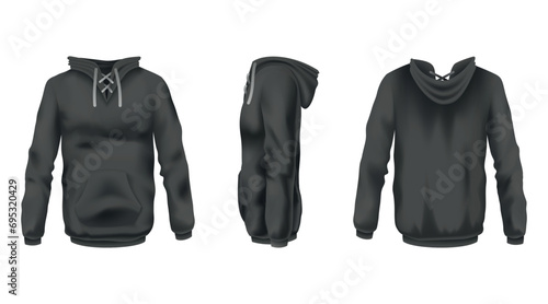 Hoodie mockup template for clothing branding and product presentation. Realistic front, back and side view. Perfect for fashion and apparel design